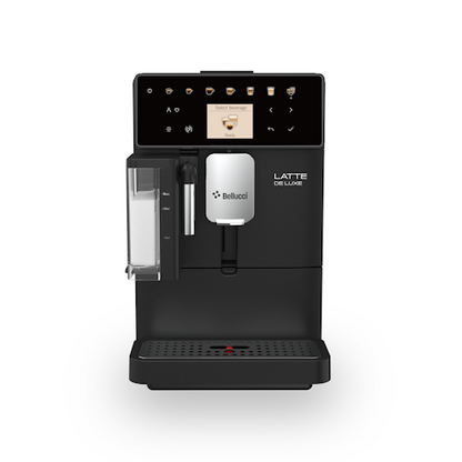 Black coffee machine with digital display on a white background