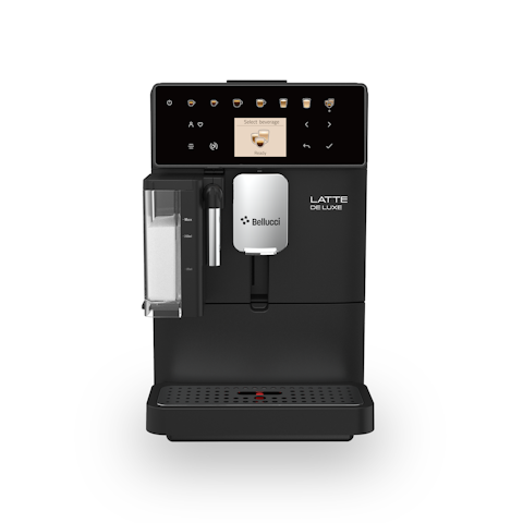 Black coffee machine with digital display on a white background