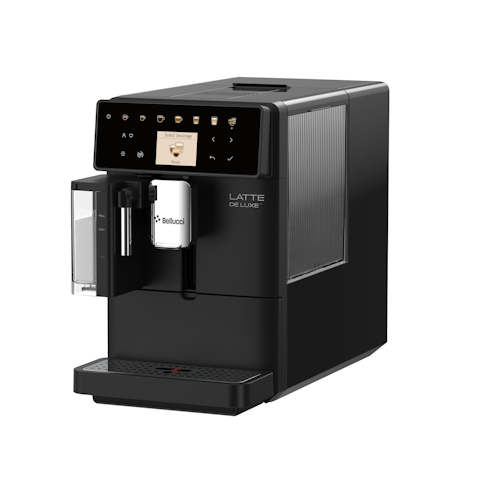 Black coffee machine with brand logo on a white background