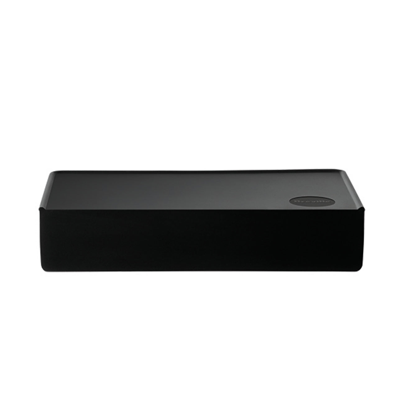 A black rectangular tamp mat on a white background