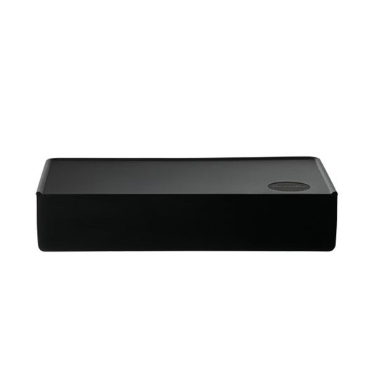 A black rectangular tamp mat on a white background