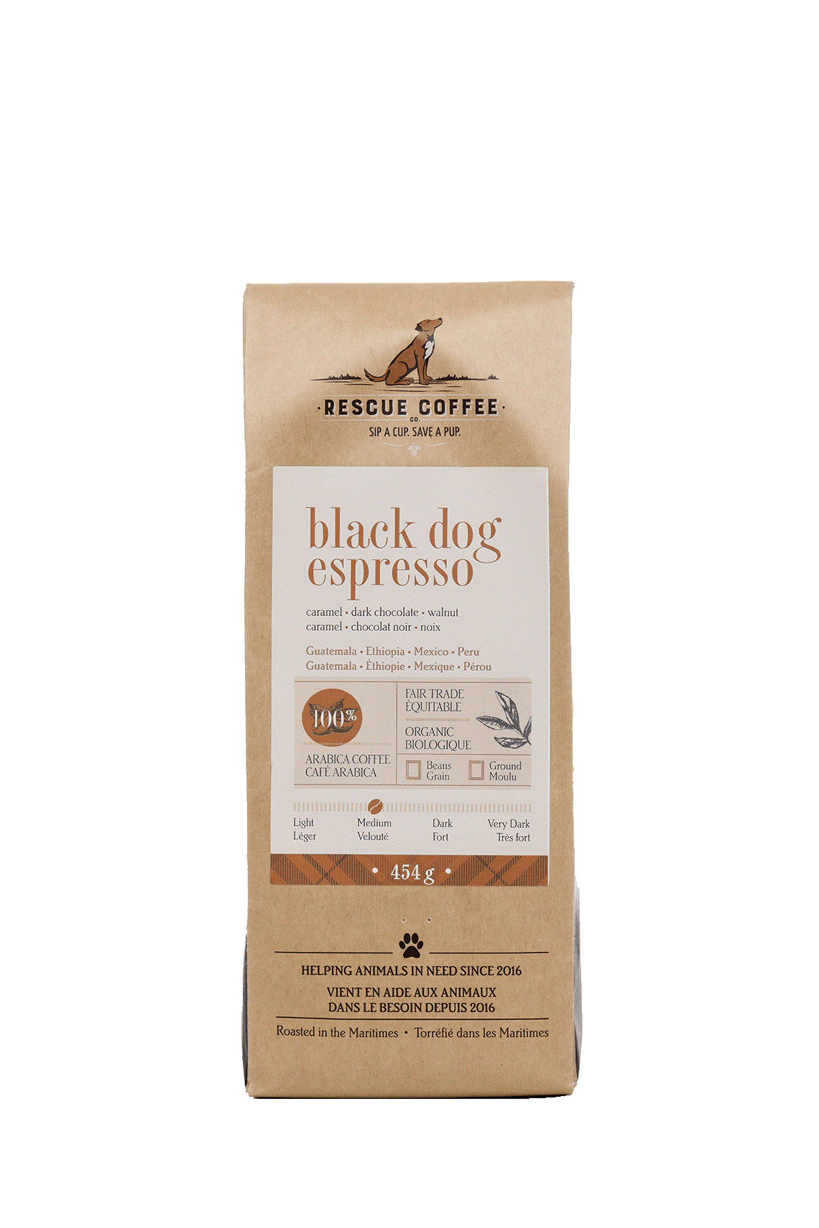 Bag of black dog espresso coffee with 'Rescue Coffee' branding on a black background