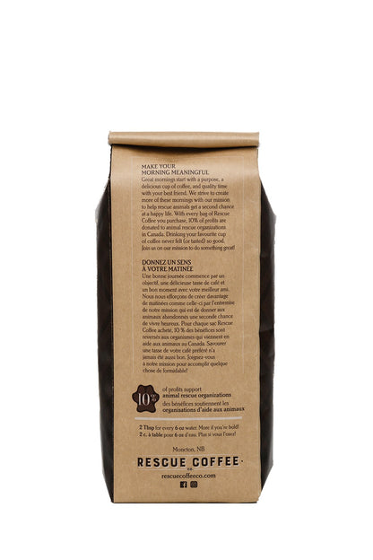 Kraft paper coffee bag with text on a white background. BlackDogEspressoBack