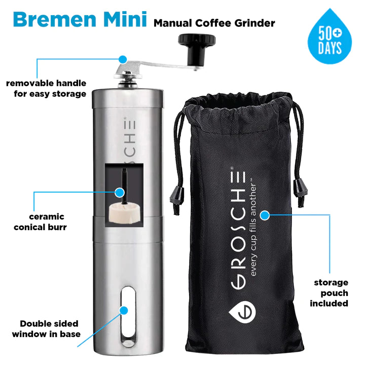 GROSCHE BREMEN MINI Travel Manual Burr Coffee Grinder, Storage Pouch