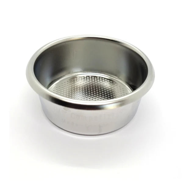 A stainless steel coffee filter basket with a perforated bottom, shown on a clean white background.