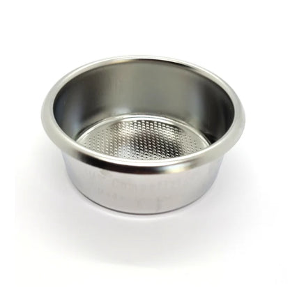 A stainless steel coffee filter basket with a perforated bottom, shown on a clean white background.