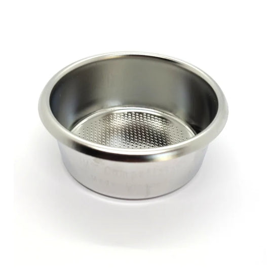 A stainless steel coffee filter basket with a perforated bottom, shown on a clean white background.