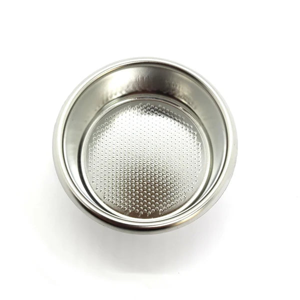 A stainless steel espresso portafilter filter basket with a perforated mesh screen, shown from a top-down perspective on a white background.