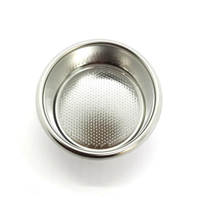 A stainless steel espresso portafilter filter basket with a perforated mesh screen, shown from a top-down perspective on a white background.