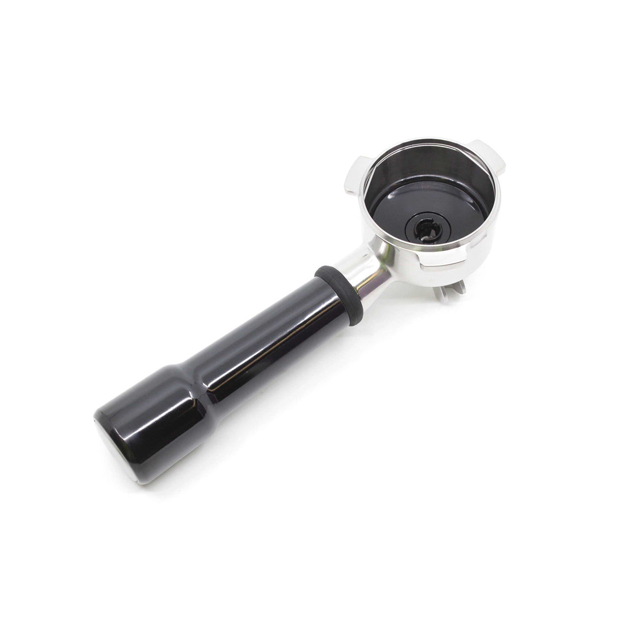 Coffee portafilter with black handle on a white background