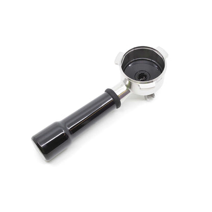 Coffee portafilter with black handle on a white background