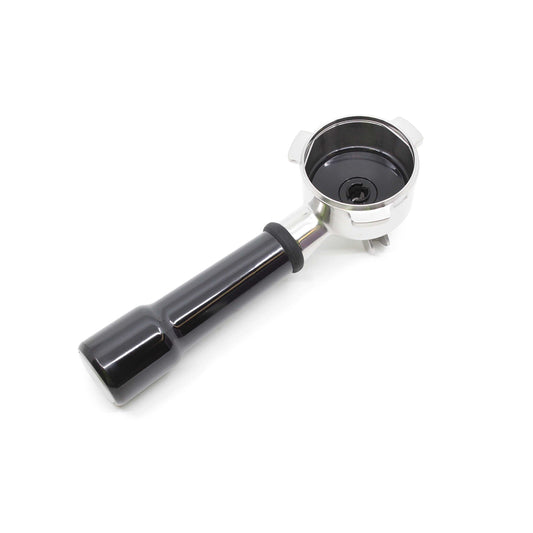 Coffee portafilter with black handle on a white background