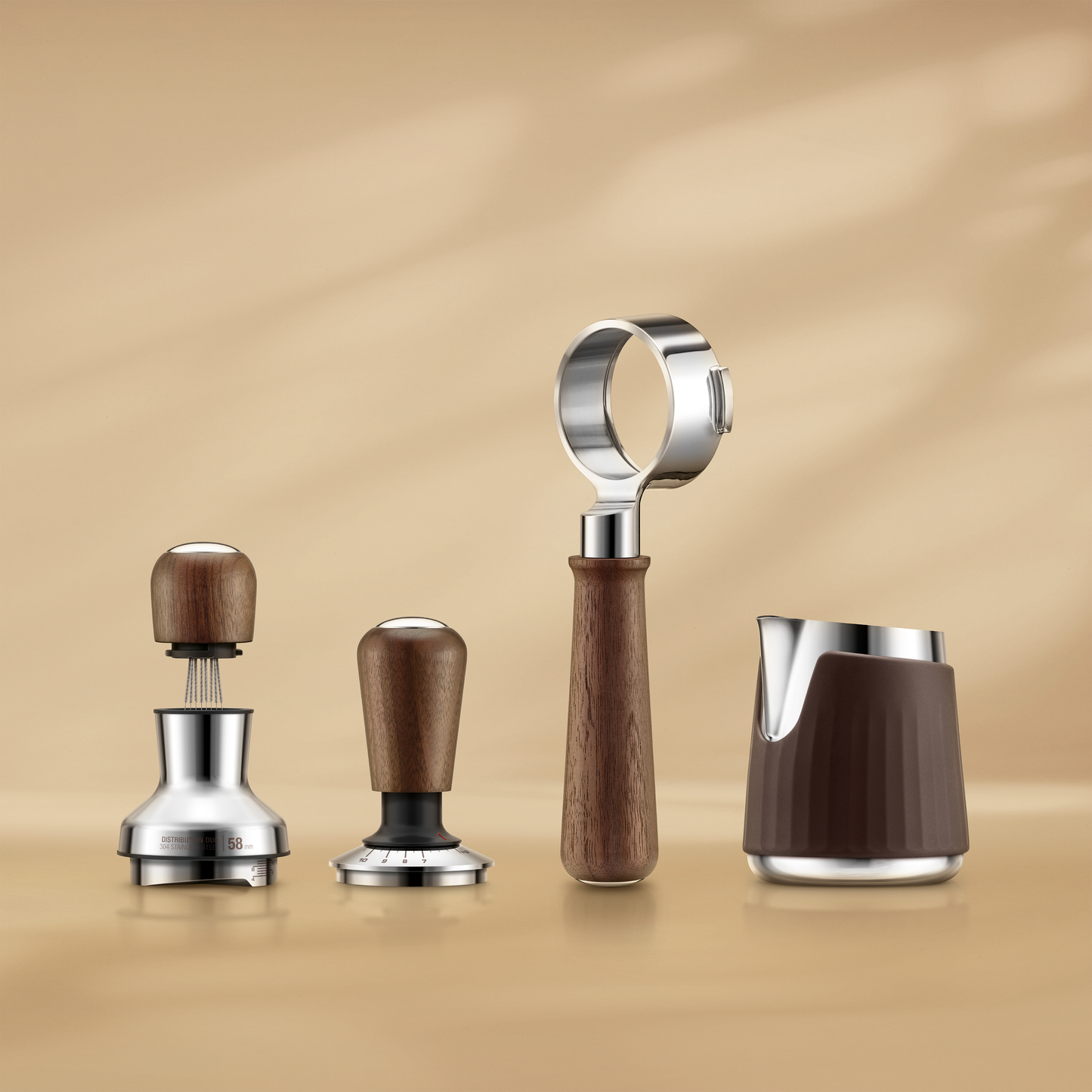 Set of coffee brewing tools with wooden handles on a beige background