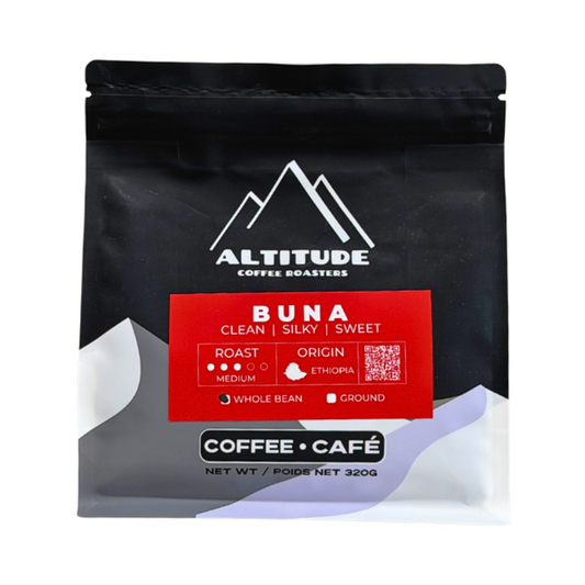 A 320g bag of Altitude Coffee Roasters 'Buna' whole bean coffee, featuring a matte black pouch with a red label and white logo details, set against a plain white background.