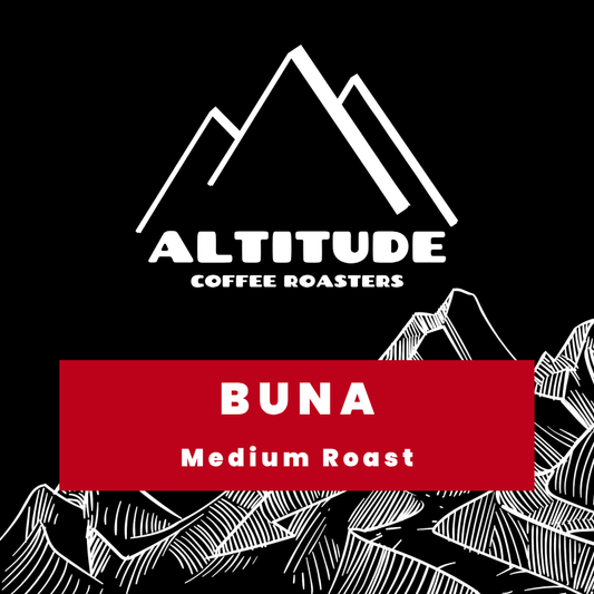 Altitude Coffee Roasters Buna Medium Roast label graphic on a black background with white mountain line art and a red banner.