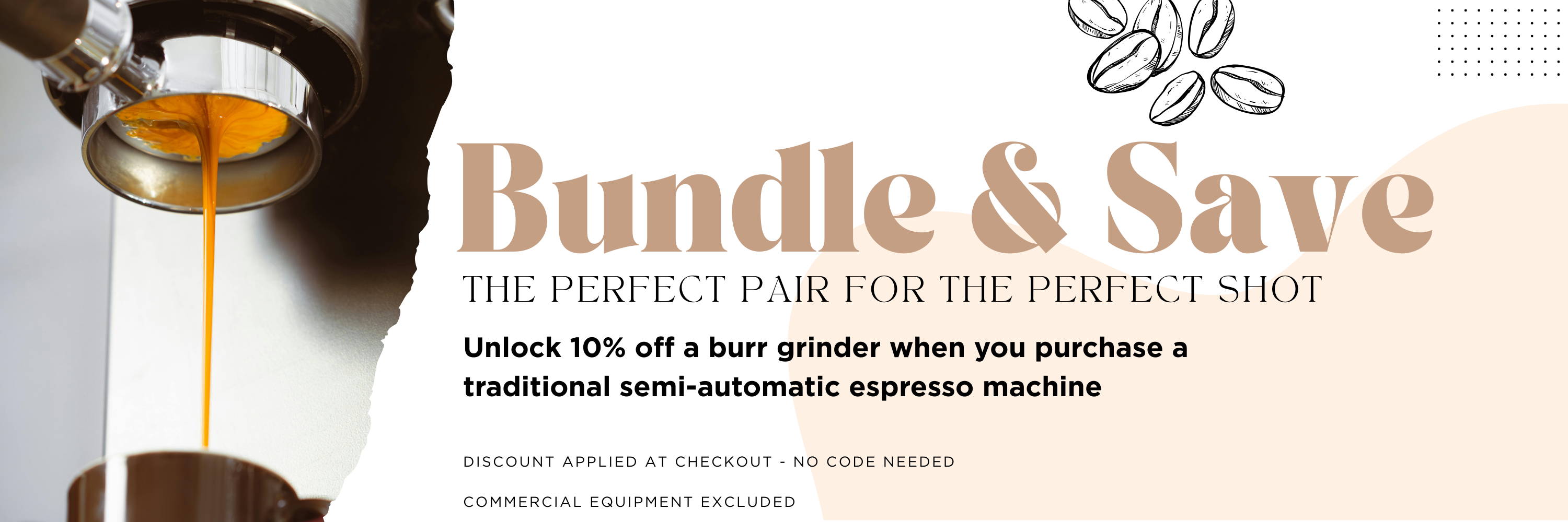 Promotional banner for a coffee bundle offer with a coffee grinder and beans.