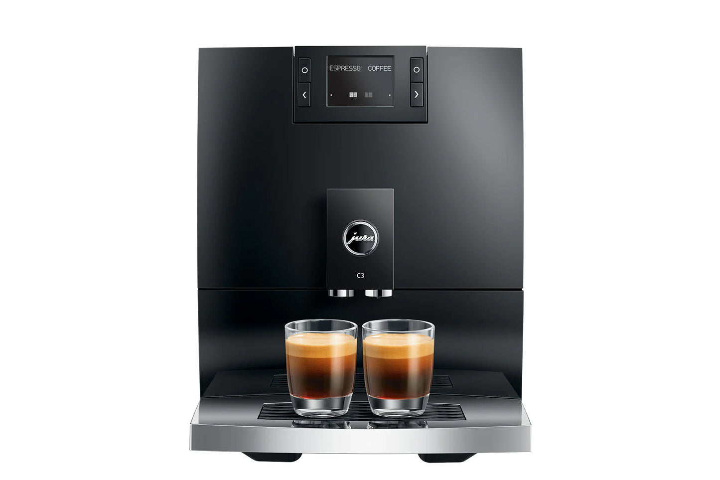 Black coffee machine with two glasses of espresso on a white background