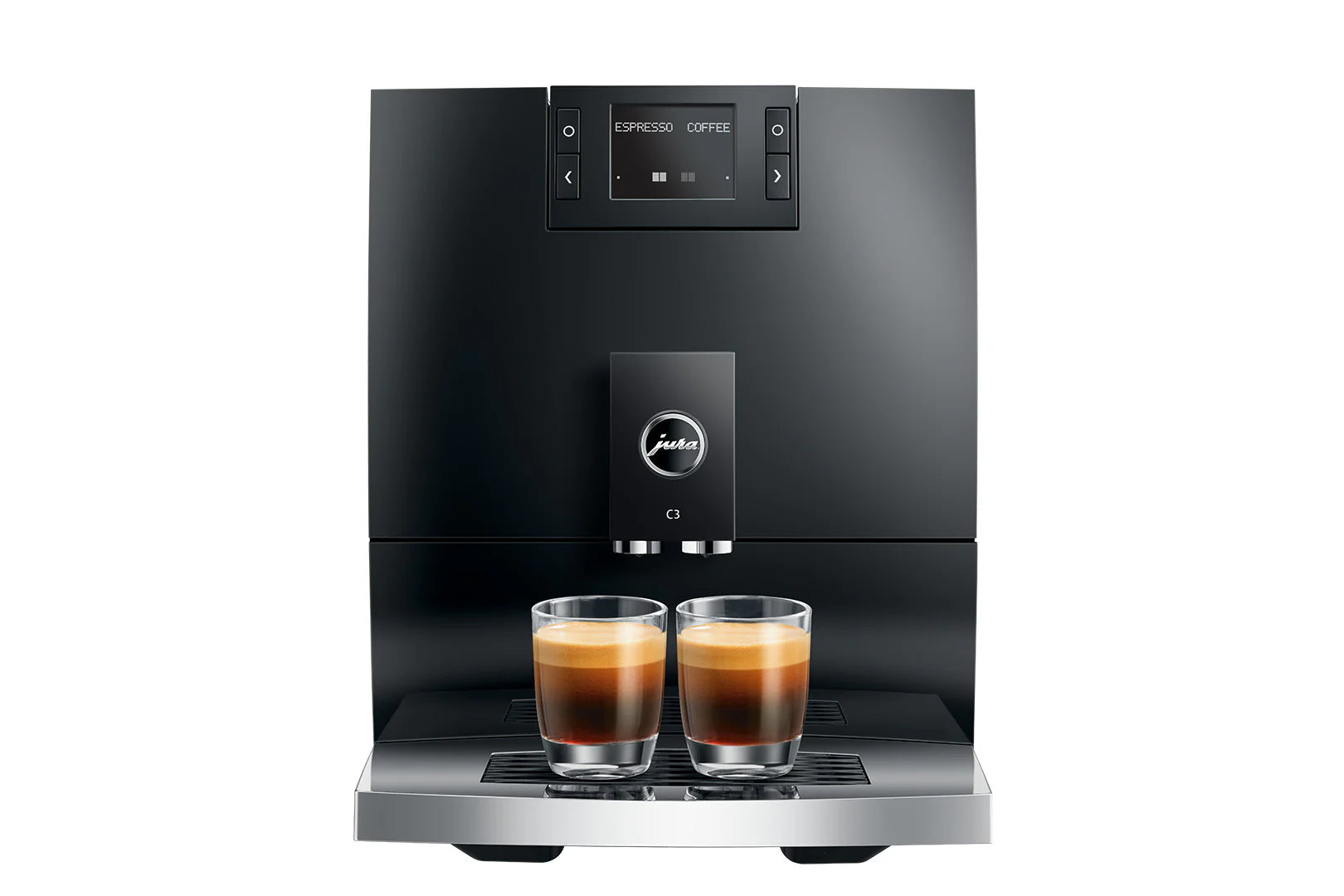 Black coffee machine with two glasses of espresso on a white background