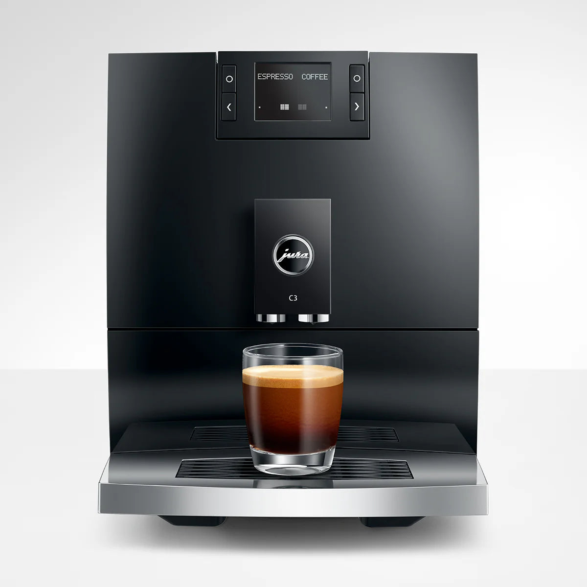 Black coffee machine with a glass of coffee on a white background