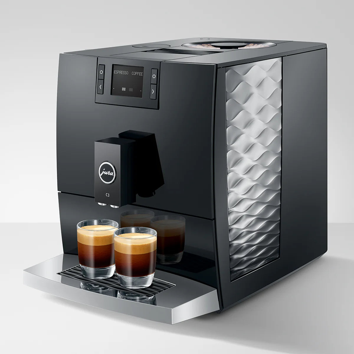 Modern coffee machine with two glasses of coffee on a white background