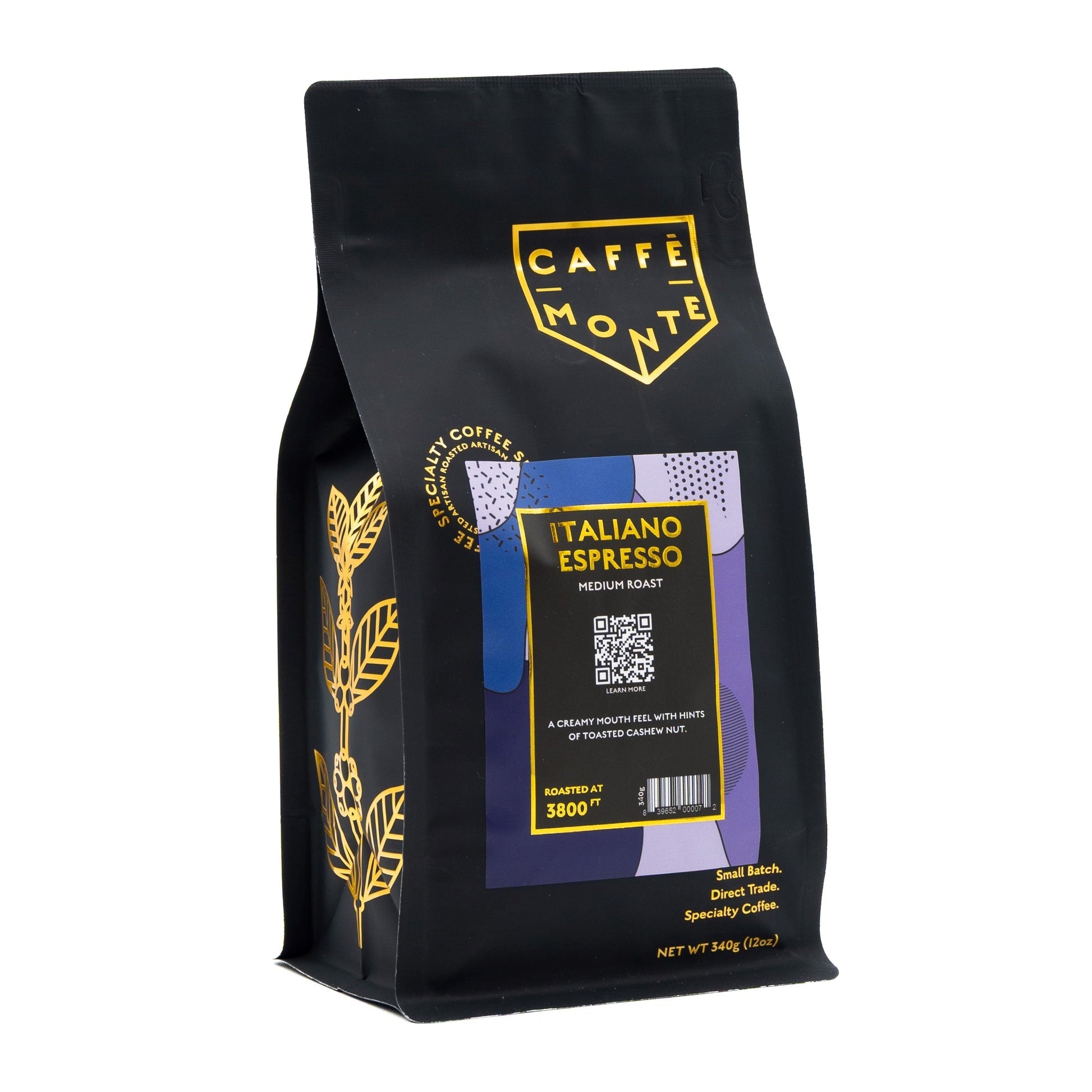 Caffe Monte Italiano Espresso coffee bag with gold accents, gold floural images along the side on a white background