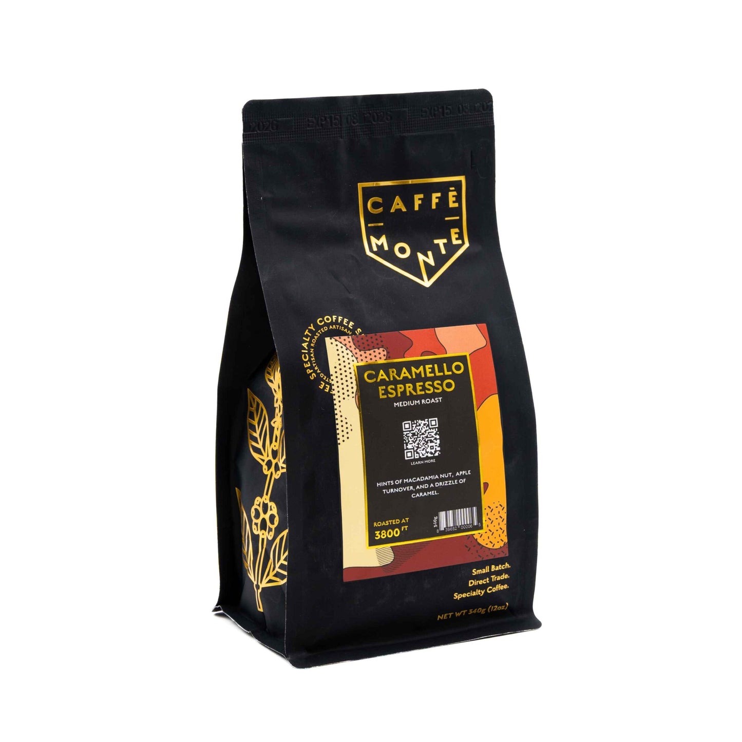 Caffè Monte Caramello Espresso coffee bag with gold floral accents on a white background