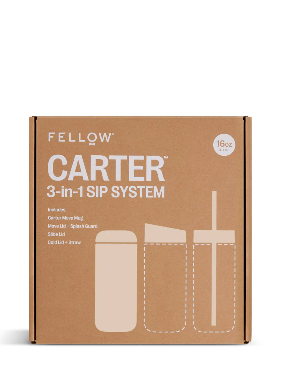 Fellow Carter 3-in-1 Sip System retail box in brown kraft paper with white text and product illustrations, shown on a clean white background.
