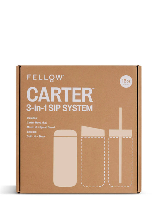Fellow Carter 3-in-1 Sip System retail box in brown kraft paper with white text and product illustrations, shown on a clean white background.