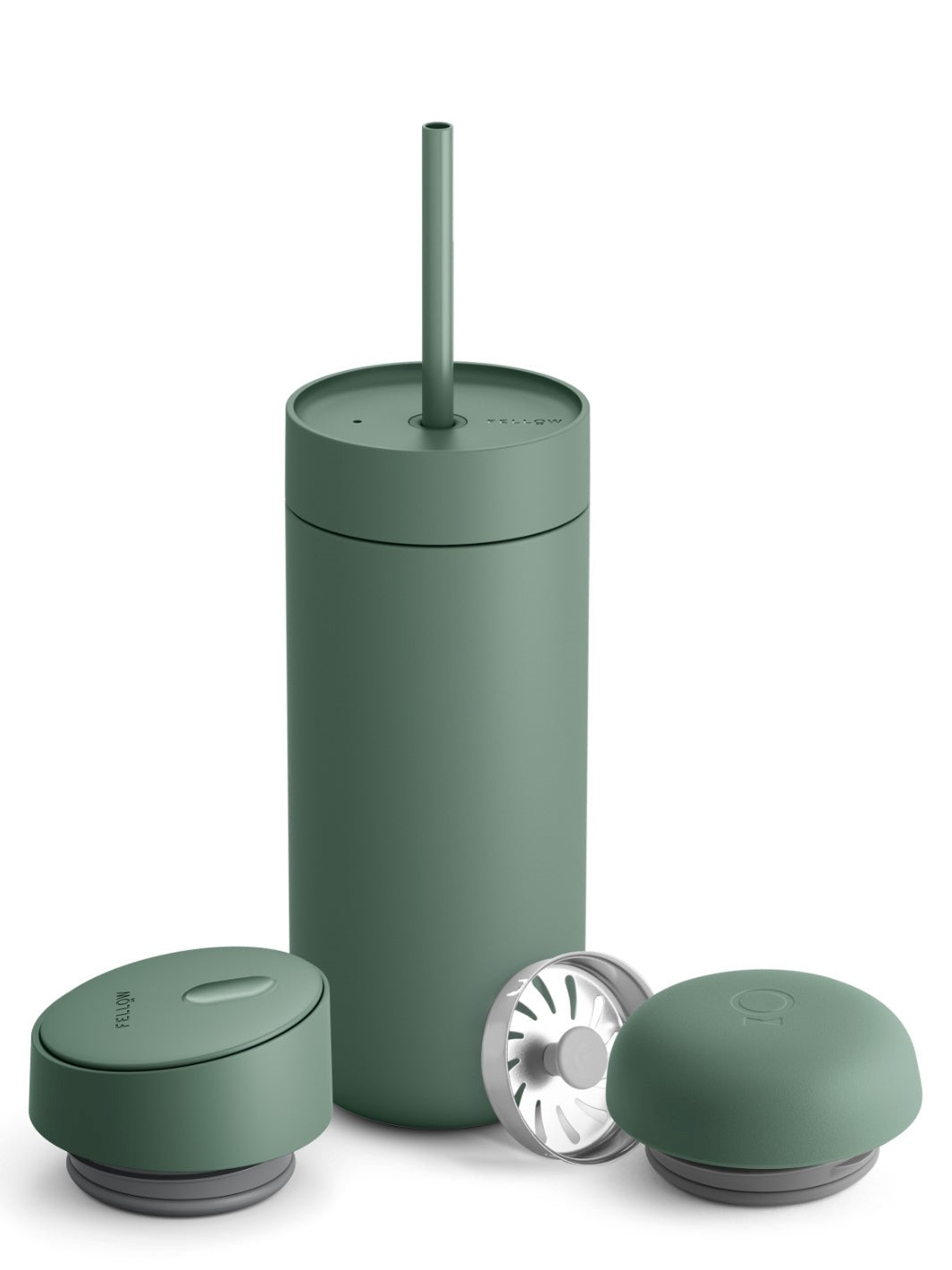 Green tumbler with various lids and a straw on a white background