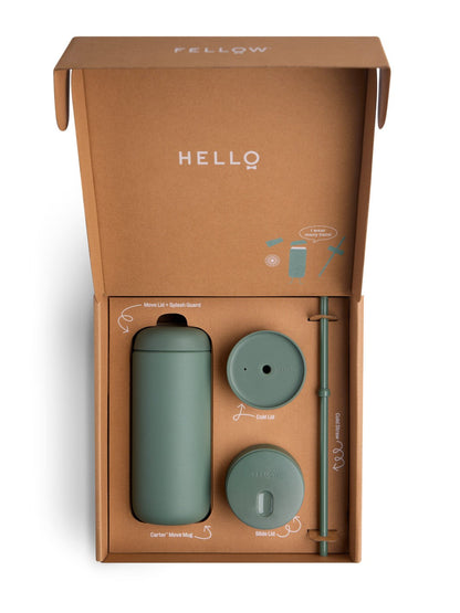 Green travel mug with accessories in a 'Fellow' branded box