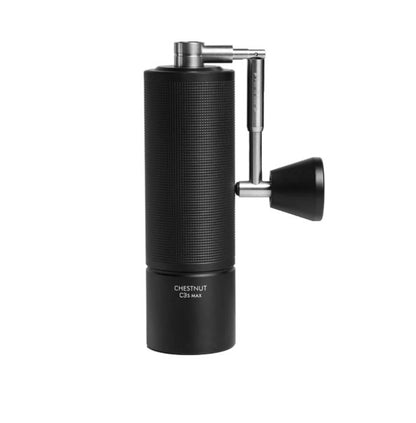 Black coffee grinder with 'Chestnut' branding on a white background