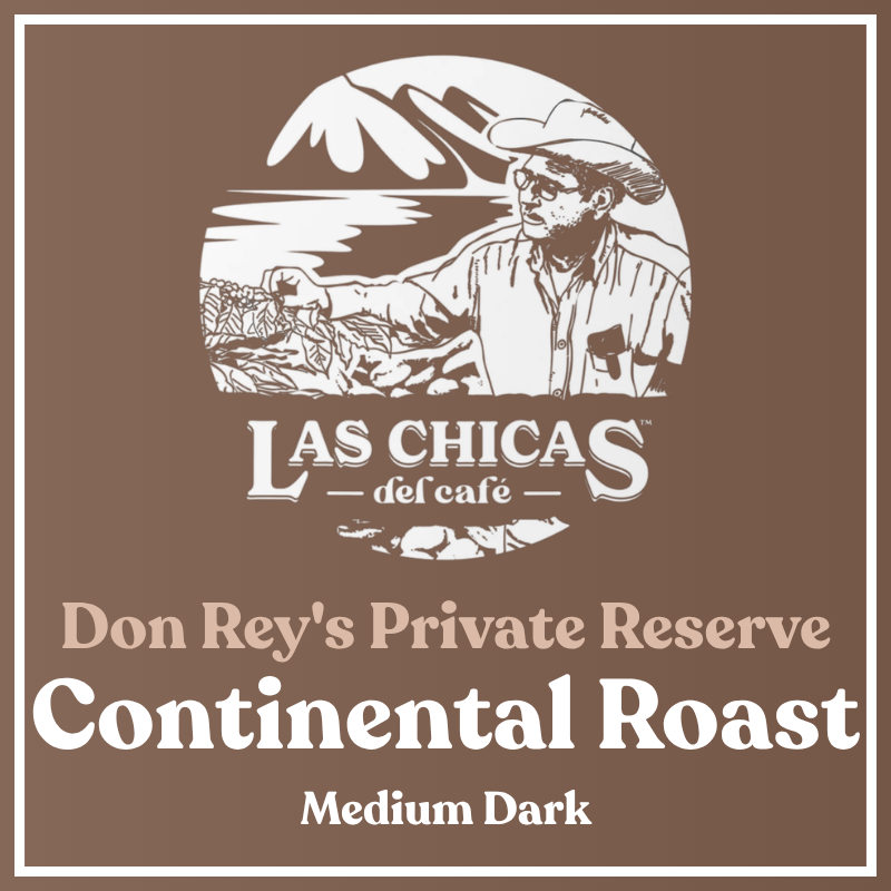 A square coffee label design with a brown background and white border. The center shows a white illustrated portrait of a man in a hat with mountains and coffee plants behind him, above the text 'LAS CHICAS del cafe.