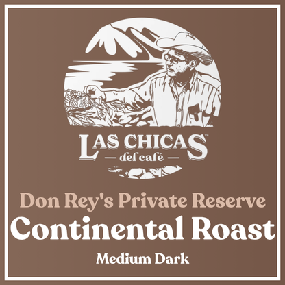 A square coffee label design with a brown background and white border. The center shows a white illustrated portrait of a man in a hat with mountains and coffee plants behind him, above the text 'LAS CHICAS del cafe.