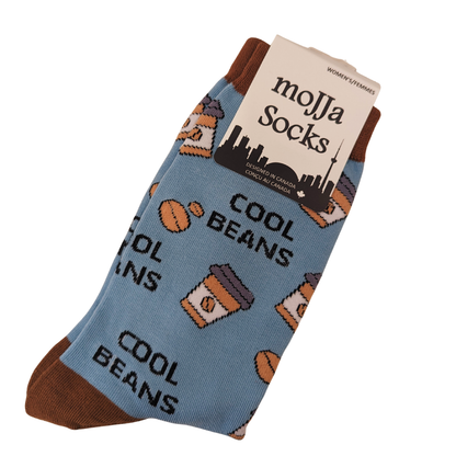 Packaged sock with 'moJJa Socks' branding and 'Cool Beans' text and graphics on a white background