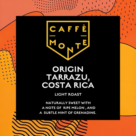 A square product card for Caffè Monte light roast coffee from Tarrazu, Costa Rica, featuring white text on a black background with a gold brand logo, set against an orange and yellow abstract patterned backdrop.
