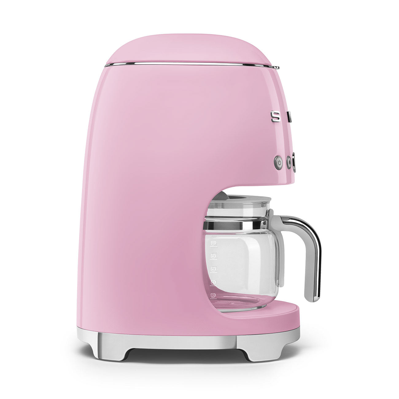 Pink coffee machine with glass carafe on a white background