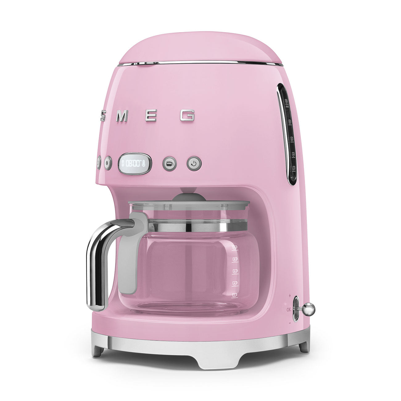 Pink coffee machine with glass carafe on a white background