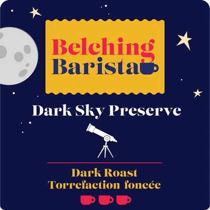 Belching Barista logo with a moon, stars, and telescope on a dark blue background