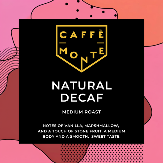 A square product graphic for Caffé Monte Natural Decaf Medium Roast. The central black card features the brand name in a gold shield logo and white text describing the flavor notes.