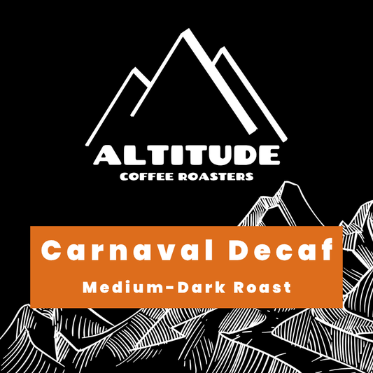 Altitude Coffee Roasters logo on a black background with white mountain line art and an orange banner reading 'Carnival Decaf' and 'Medium-Dark Roast'.