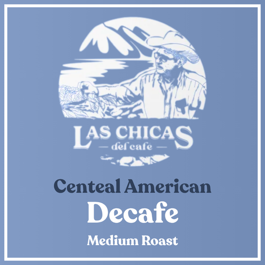 A flat product graphic for a decaffeinated coffee product. The design features a dusty slate blue background with a white border, a white circular logo depicting a cowboy and landscape, and dark blue and white text reading 'Centeal American Decafe Medium Roast'.