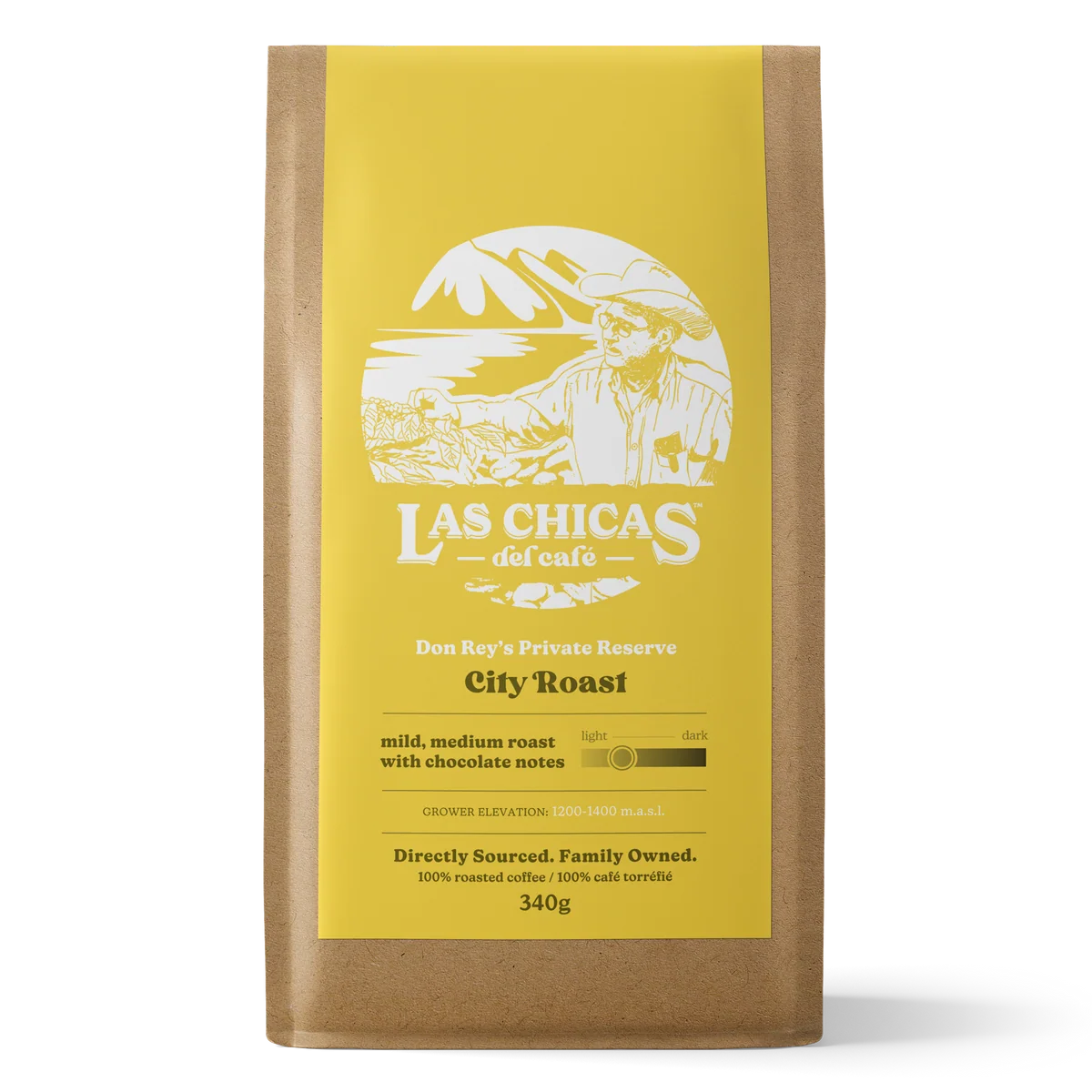 A 340g bag of Las Chicas del Cafe City Roast coffee in a brown kraft paper bag with a bright yellow label, shown against a plain white background.