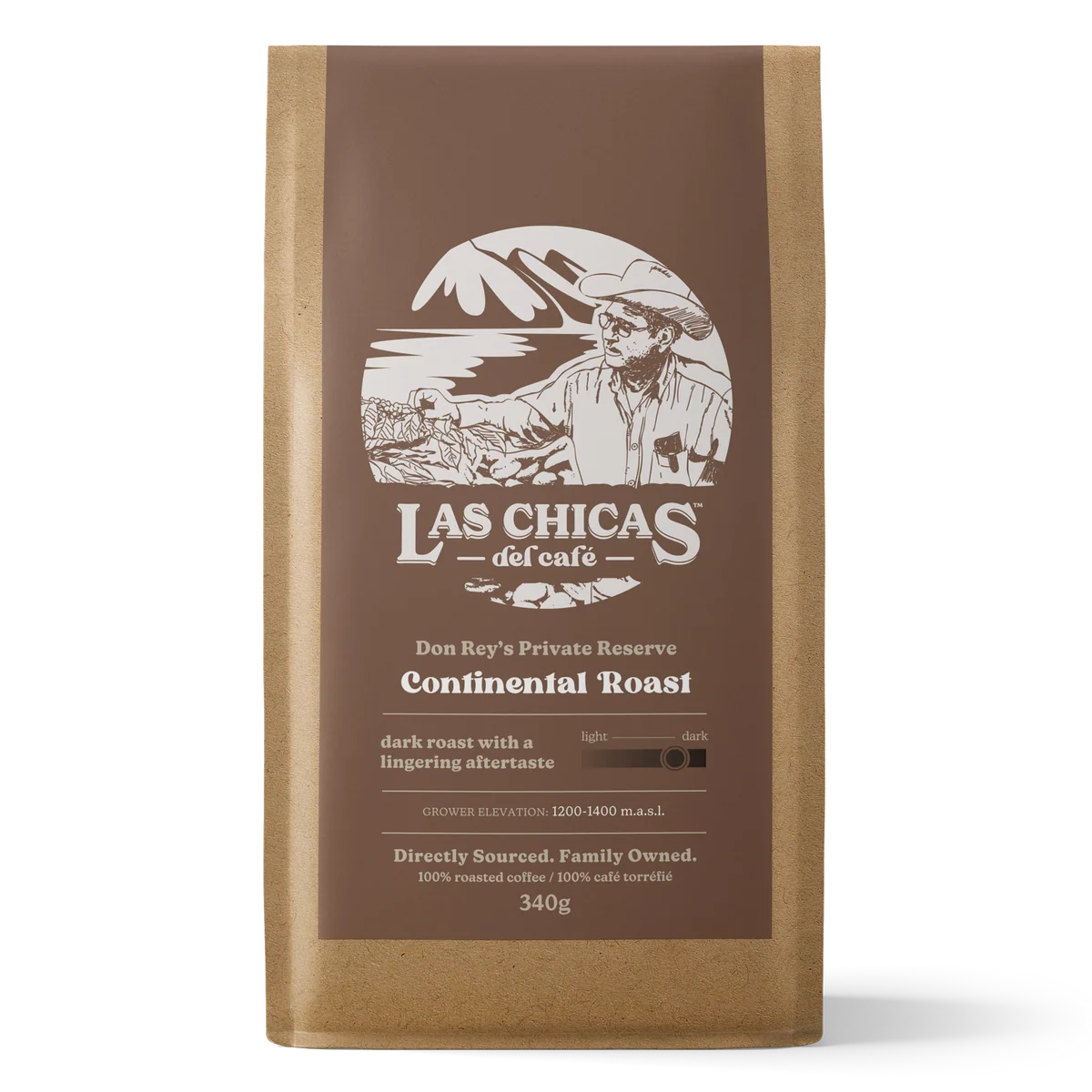 A 340g bag of Las Chicas del cafe Continental Roast coffee in a brown kraft paper bag with a brown label, shown on a white background.