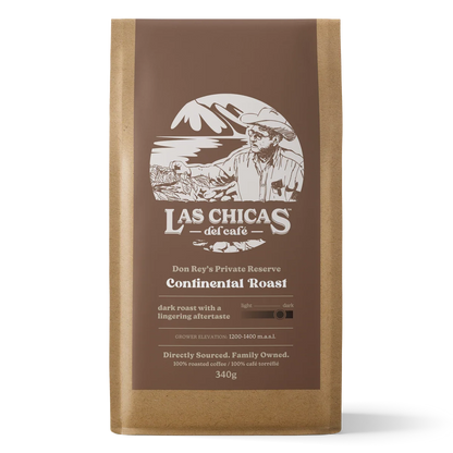 A 340g bag of Las Chicas del cafe Continental Roast coffee in a brown kraft paper bag with a brown label, shown on a white background.