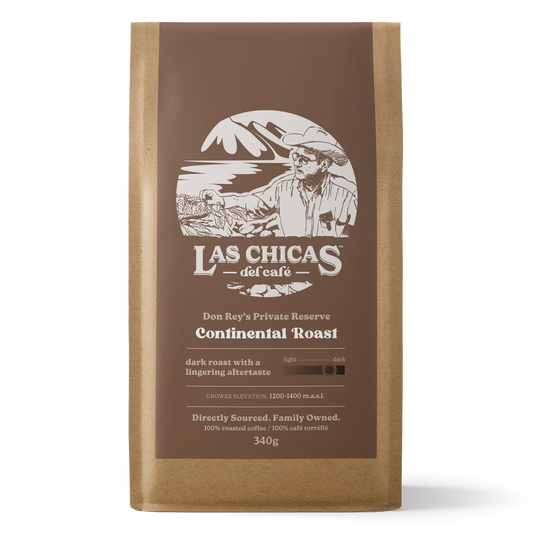 A 340g bag of Las Chicas del cafe Continental Roast coffee in a brown kraft paper bag with a brown label, shown on a white background.