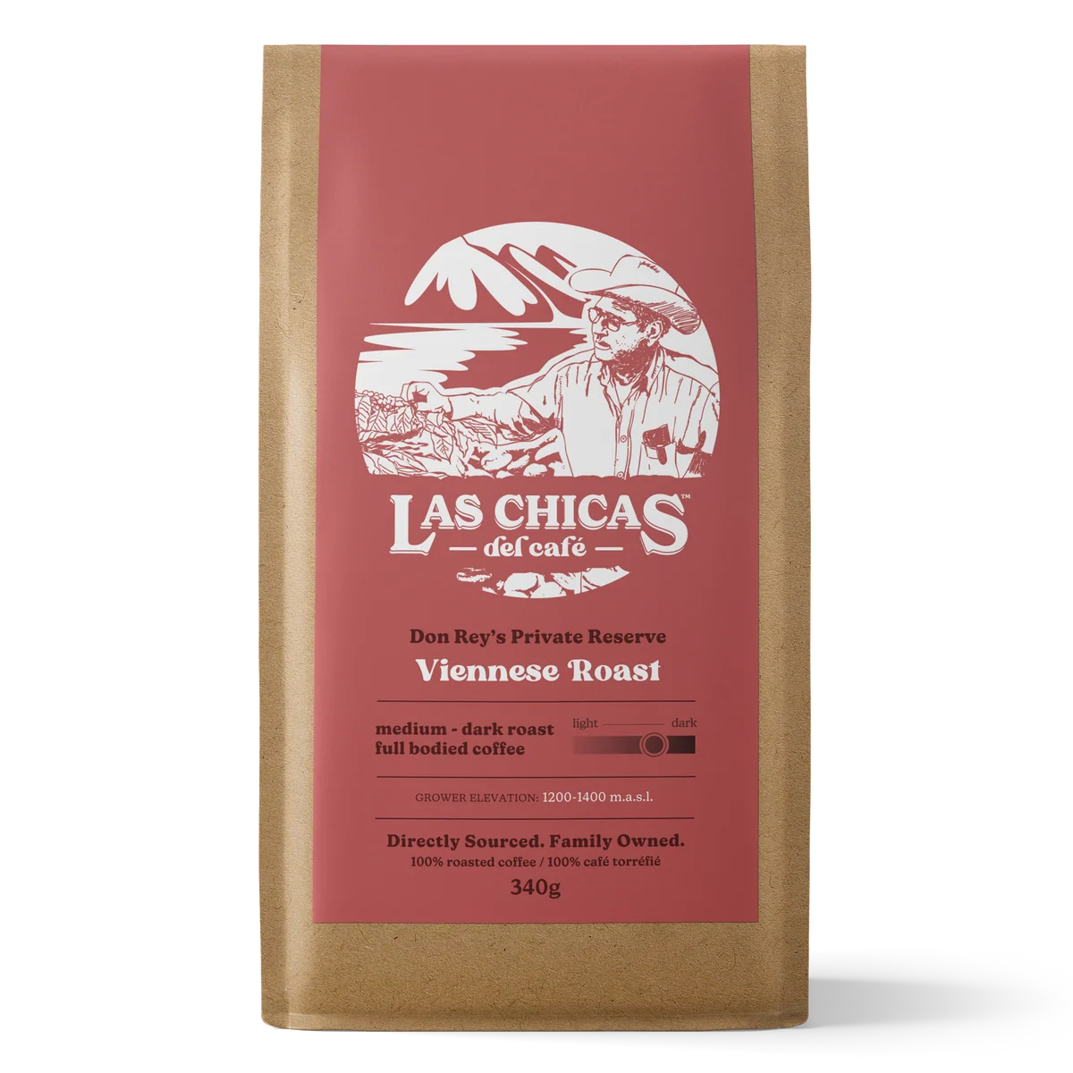 A 340g bag of Las Chicas del cafe Viennese Roast coffee in a brown kraft paper bag with a prominent dusty red label.