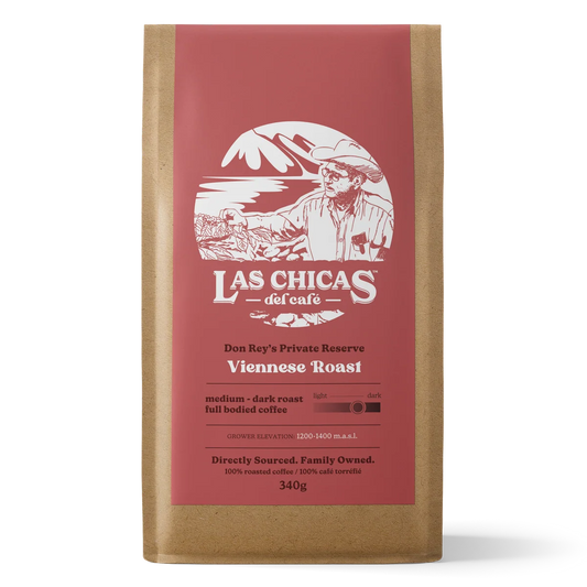 A 340g bag of Las Chicas del cafe Viennese Roast coffee in a brown kraft paper bag with a prominent dusty red label.
