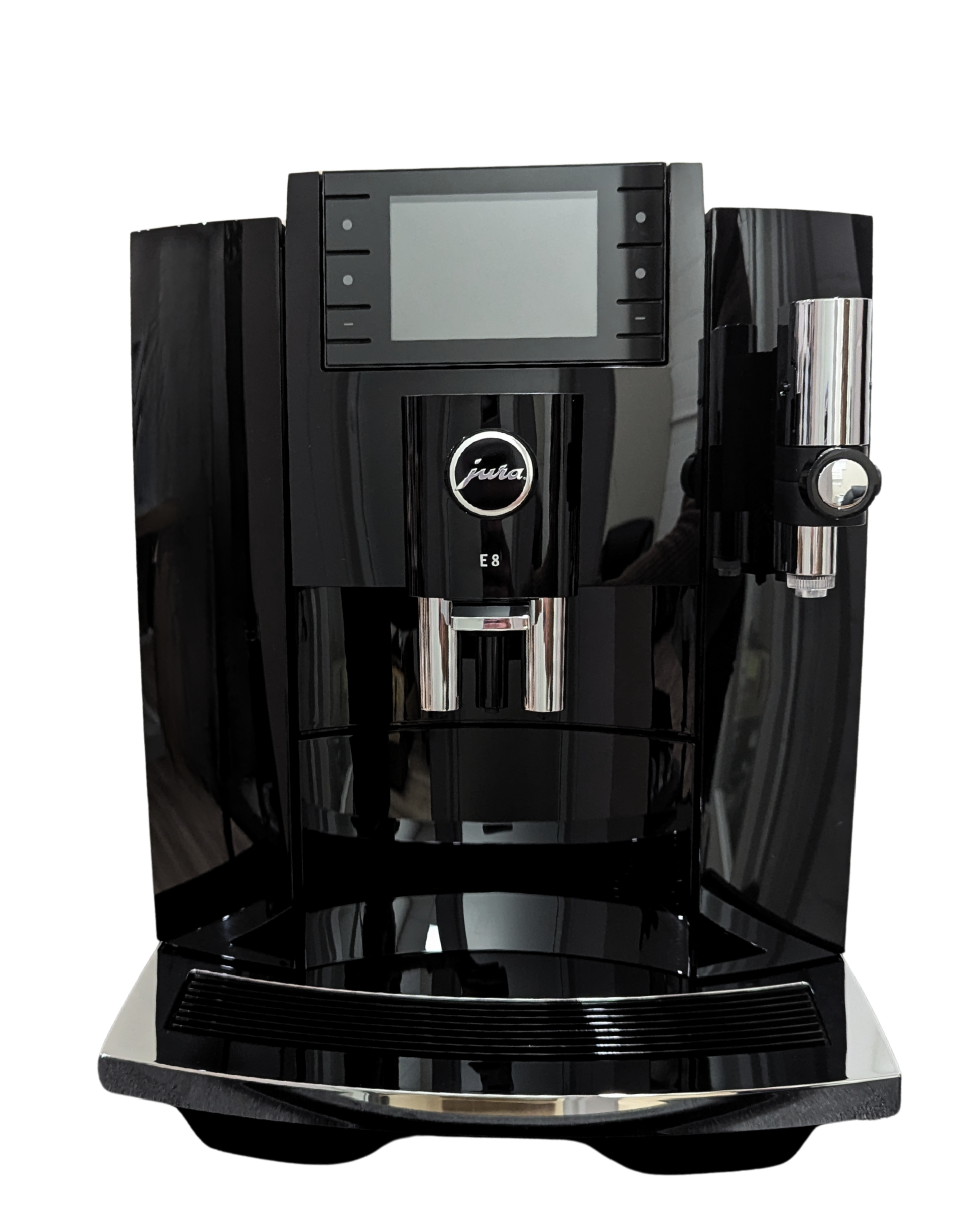 A sleek black Jura E8 espresso machine with a digital display screen, chrome accents, set against a plain white background.
