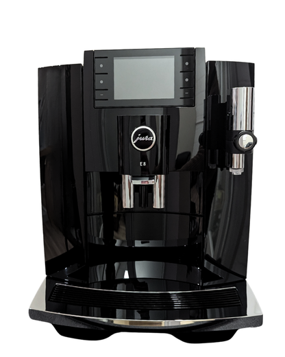 A sleek black Jura E8 espresso machine with a digital display screen, chrome accents, set against a plain white background.
