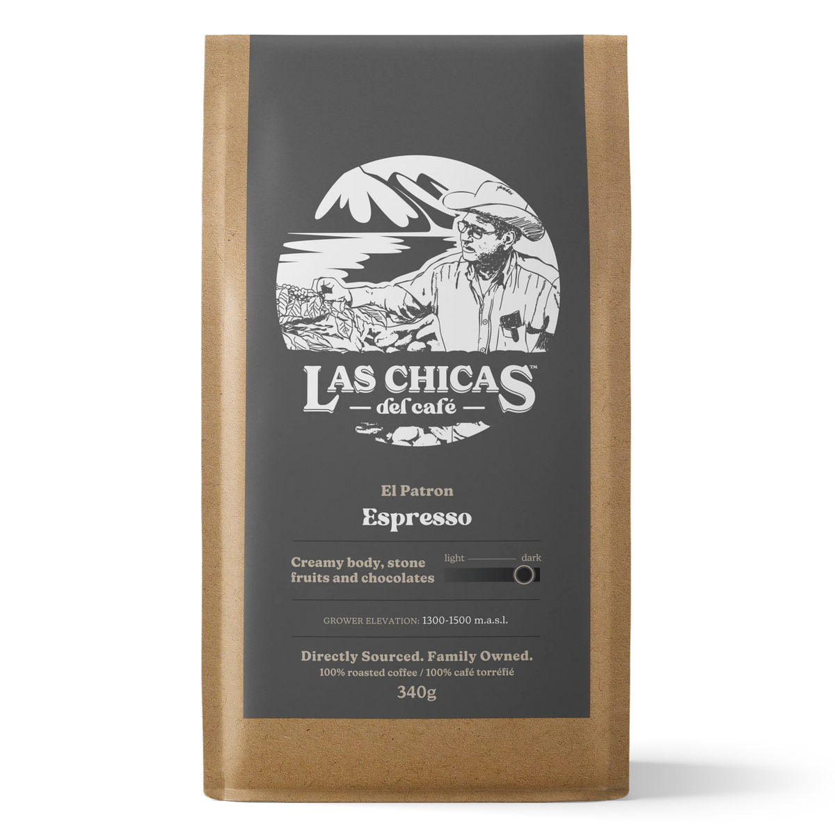 A 340g bag of Las Chicas del Café Espresso coffee, featuring a kraft paper bag with a large dark gray label displaying the brand logo and product details.